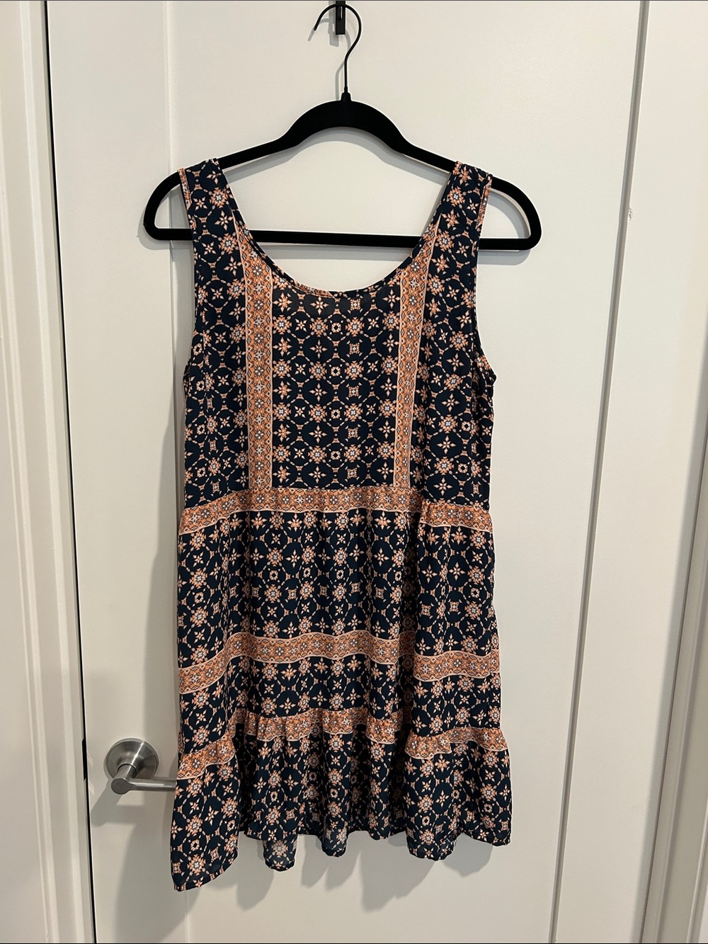 Sleeveless Navy and Peach Printed Mini Dress